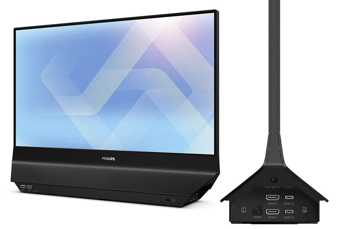 Side view of Philips dual-sided monitor showing ports and swiveling base