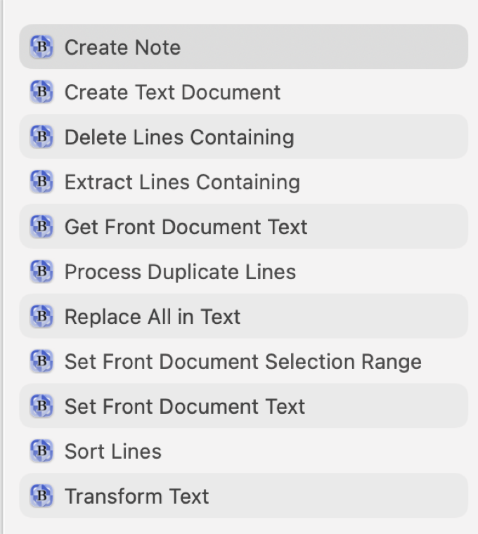 The text editing tool menu includes options such as Create Note, Create Text Document, Delete Lines Containing, Extract Lines Containing, Get Front Document Text, Process Duplicate Lines, Replace All in Text, Set Front Document Selection Range, Sort Lines, and Transform Text.